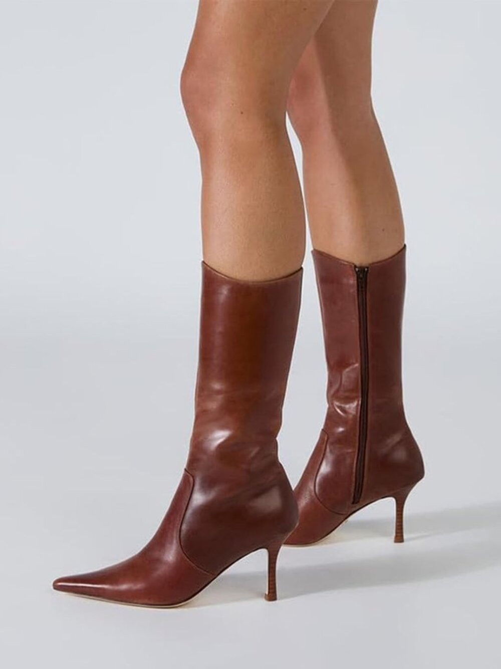 Women's A-brown Mid Calf Boots Pointed Toe Stiletto Heels Fall Side Zipper - Picture 5 of 7